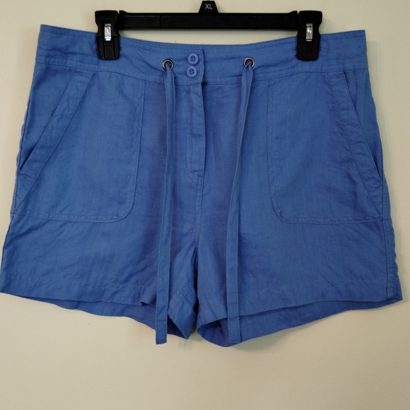 Antibes Blanc Women Short 100% Linen Chino High Rise Blue Size 10 - Picture 1 of 11